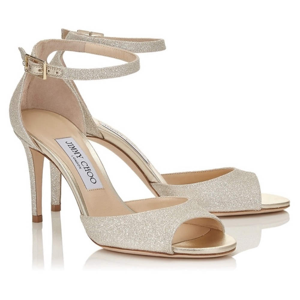 Jimmy Choo Annie 85 Glitter Ankle Strap Open Toe Mid Height Sandal Heels Formal